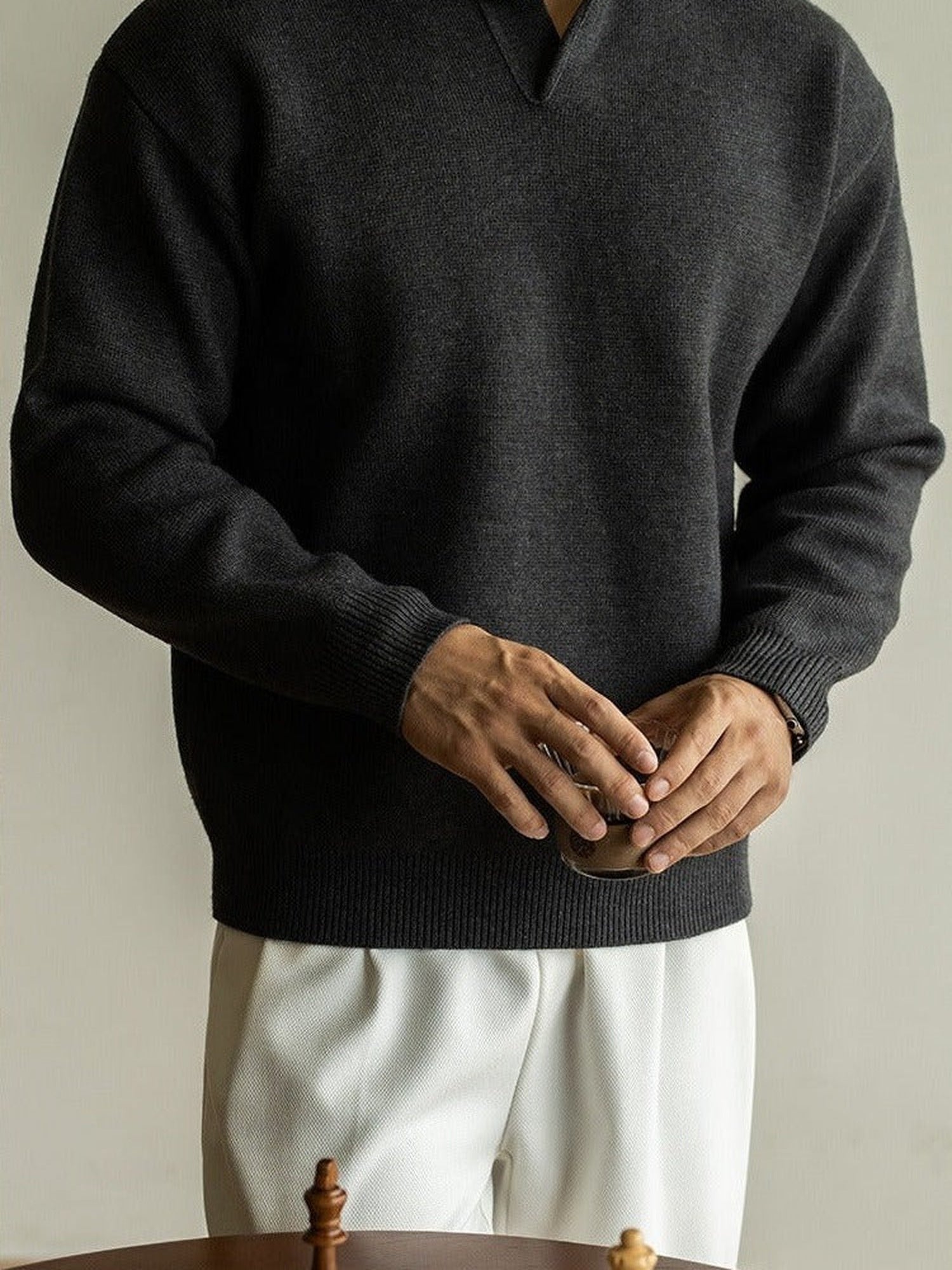 7-Gauge Knit Polo Sweater, Open Collar – Men – Charcoal – worn